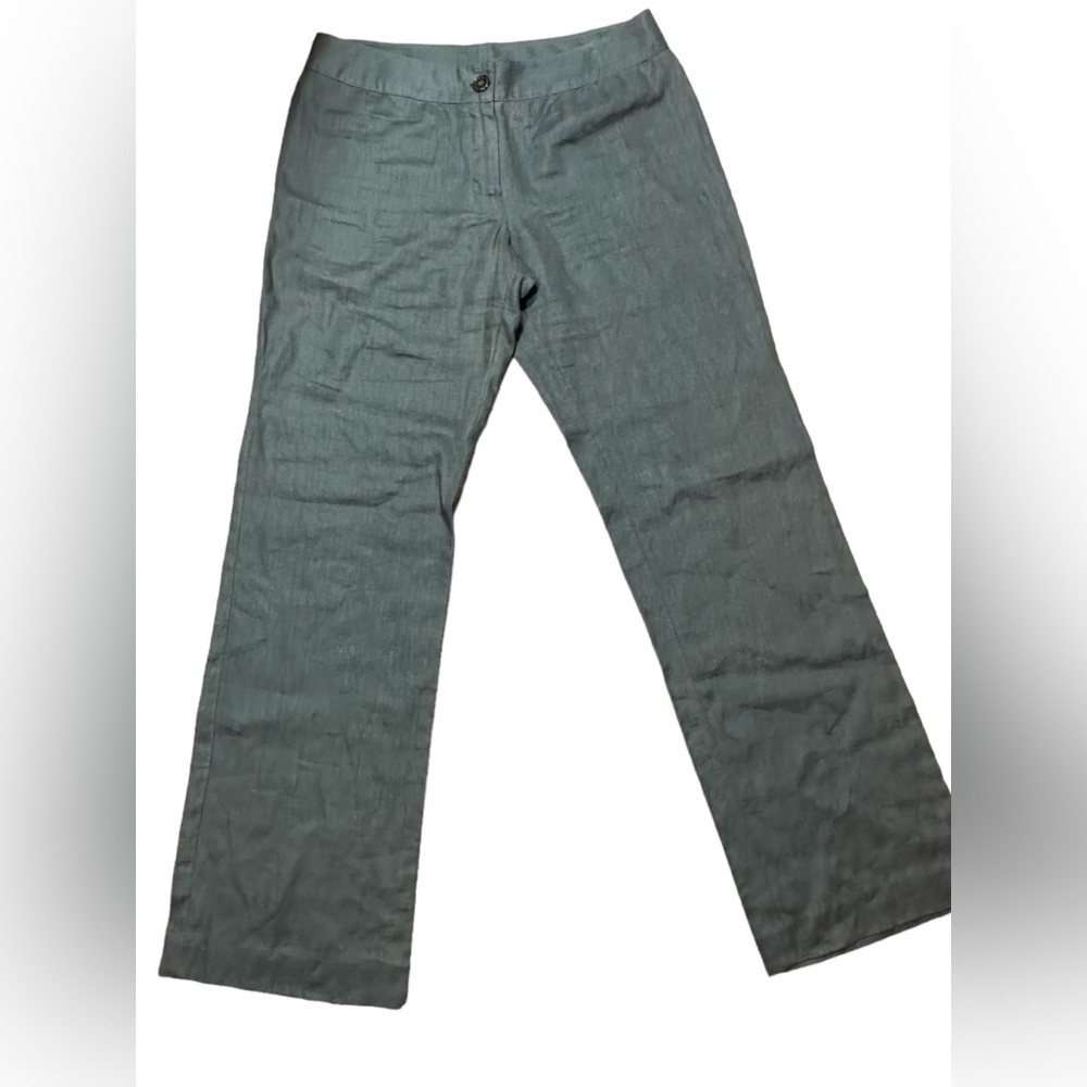 Lilibleu 100% Linen Pants Olive Green Flat Front High Rise Wide Leg Women's 12